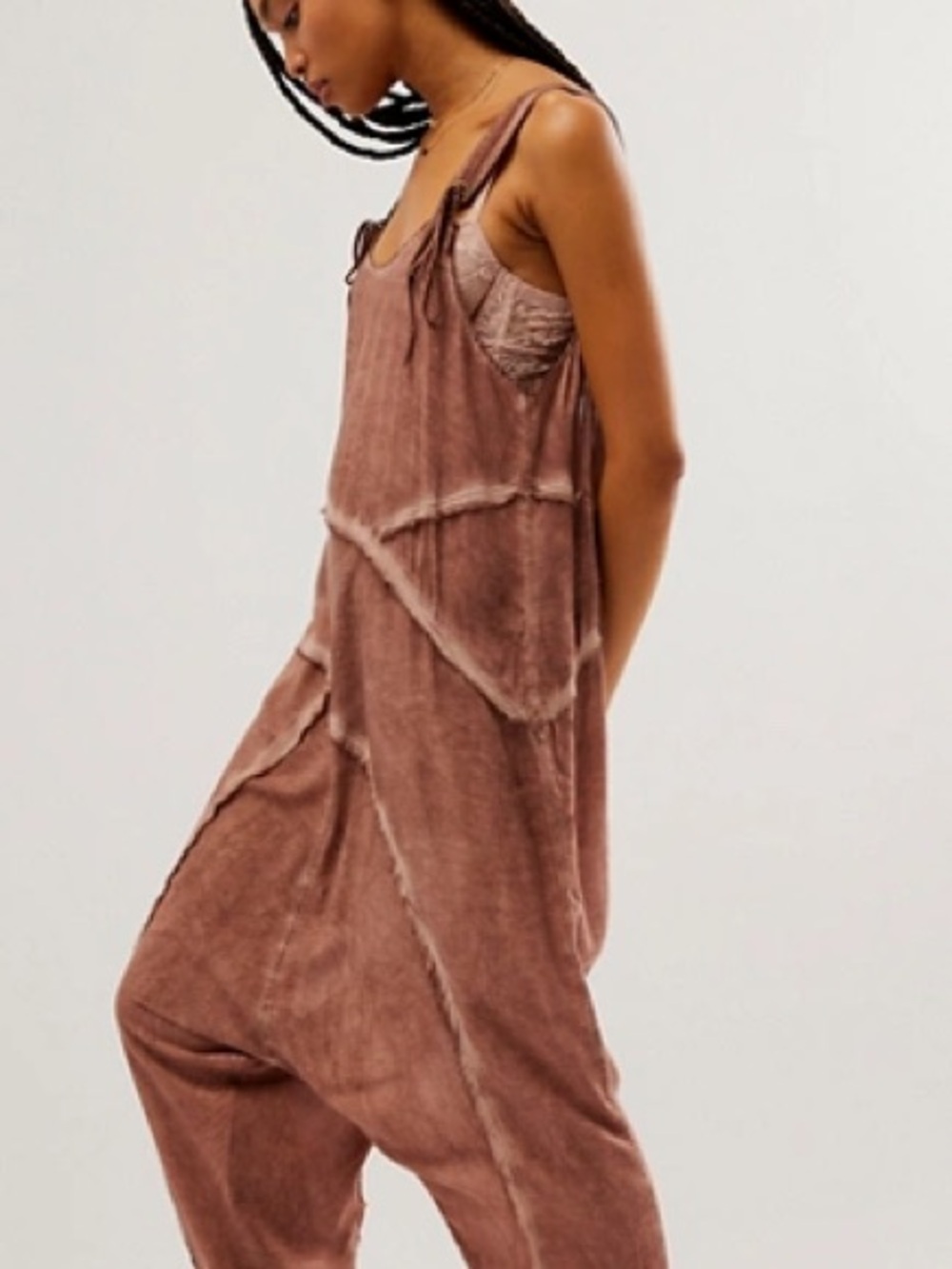 Free People Brown Tie-Strap Linen-Blend Jumpsuit